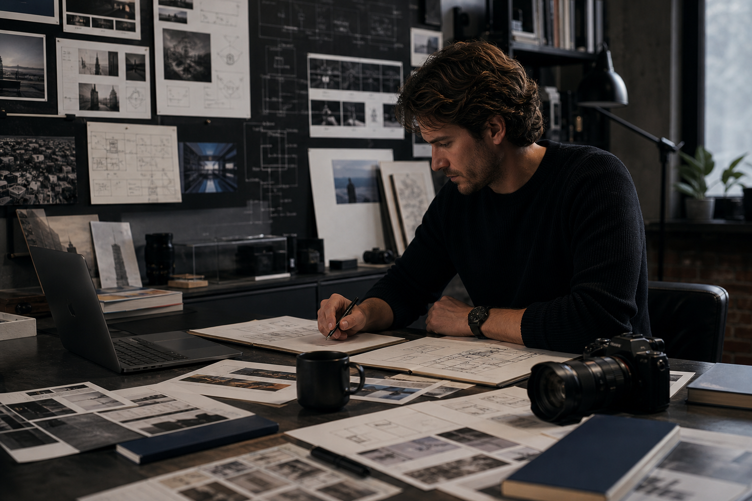 Editorial studio image showing technical notes, production tools, and authored visual planning in one multidisciplinary practice.